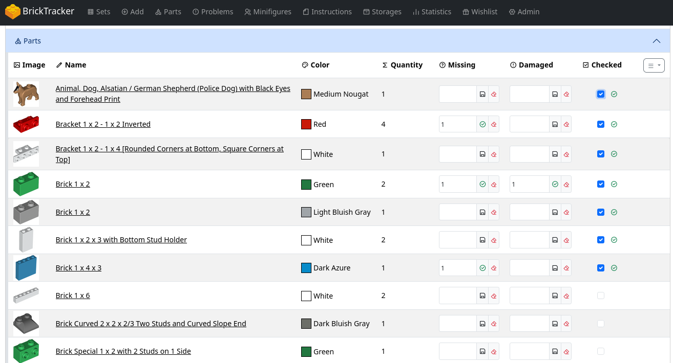 Parts section expanded