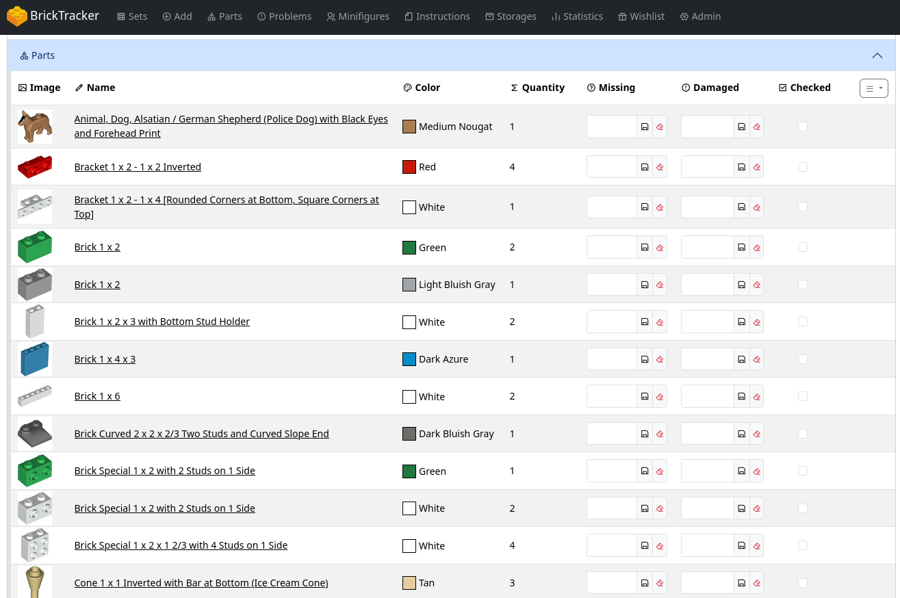 Parts section expanded